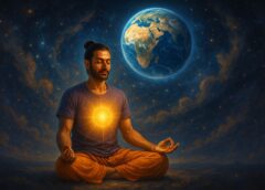 ध्यान में लीन साधक, हृदय से दिव्य प्रकाश फैलाते हुए, ब्रह्मांड की ऊर्जा से जुड़ता हुआ।