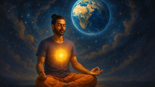ध्यान में लीन साधक, हृदय से दिव्य प्रकाश फैलाते हुए, ब्रह्मांड की ऊर्जा से जुड़ता हुआ।