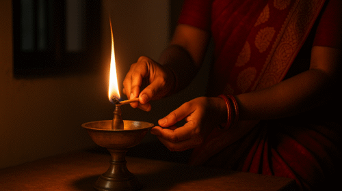 एक महिला शाम के समय पारंपरिक पीतल के दीपक में बाती जलाते हुए – वैदिक परंपरा का पालन करते हुए।