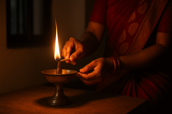एक महिला शाम के समय पारंपरिक पीतल के दीपक में बाती जलाते हुए – वैदिक परंपरा का पालन करते हुए।