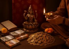 लक्ष्मी जी की मूर्ति के साथ वैदिक पूजा सामग्री, दीपक, सिक्के और करेंसी नोटों के साथ धन वृद्धि का चित्रण