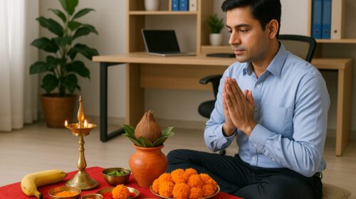 "व्यक्ति ऑफिस में शनिवार के विशेष उपाय के तहत पूजा करते हुए — नौकरी में स्थिरता और प्रमोशन के लिए सरल वैदिक विधि"