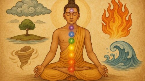 सात चक्रों के साथ ध्यान में बैठा योगी, जिसके चारों ओर पंचमहाभूत – अग्नि, जल, वायु, पृथ्वी और आकाश के प्रतीक दर्शाए गए हैं।
