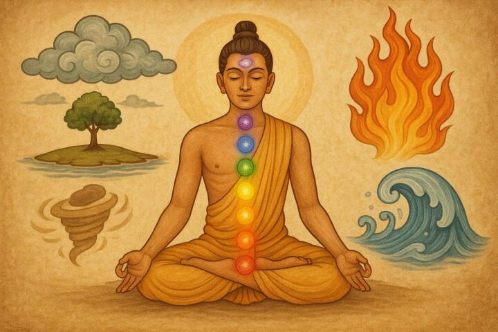 सात चक्रों के साथ ध्यान में बैठा योगी, जिसके चारों ओर पंचमहाभूत – अग्नि, जल, वायु, पृथ्वी और आकाश के प्रतीक दर्शाए गए हैं।