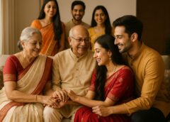 हँसते हुए परिवार के साथ बहू और दामाद, प्रेम और सम्मान से भरा वातावरण