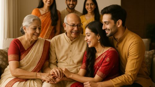 हँसते हुए परिवार के साथ बहू और दामाद, प्रेम और सम्मान से भरा वातावरण