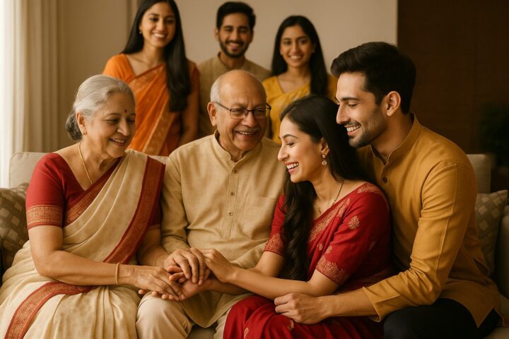 हँसते हुए परिवार के साथ बहू और दामाद, प्रेम और सम्मान से भरा वातावरण