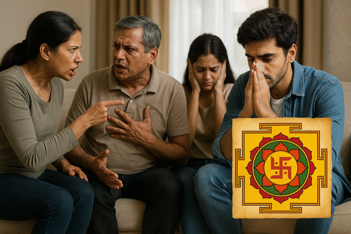 एक महिला देवी लक्ष्मी की पूजा करते हुए, वैदिक विधि से आरती के द्वारा परिवार के रोग, कर्ज और क्लेश को दूर करने का उपाय कर रही है।