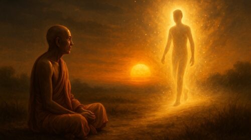 एक सन्यासी सूर्यास्त के समय आत्मा के पुनर्जन्म को ध्यान से देखता हुआ – मृत्यु के बाद की वैदिक अवधारणा