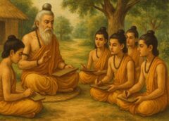 प्राचीन भारतीय गुरुकुल में ऋषि से शिक्षा प्राप्त करते शिष्य – वैदिक शिक्षा प्रणाली का चित्रण
