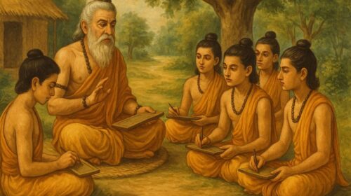 प्राचीन भारतीय गुरुकुल में ऋषि से शिक्षा प्राप्त करते शिष्य – वैदिक शिक्षा प्रणाली का चित्रण