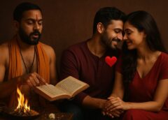 "पंडित से प्रेम वशीकरण मंत्र सुनते प्रेमी जोड़े की तस्वीर – गारंटीड असर वाले शक्तिशाली प्रेम वशीकरण उपाय"