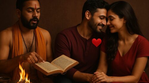 "पंडित से प्रेम वशीकरण मंत्र सुनते प्रेमी जोड़े की तस्वीर – गारंटीड असर वाले शक्तिशाली प्रेम वशीकरण उपाय"