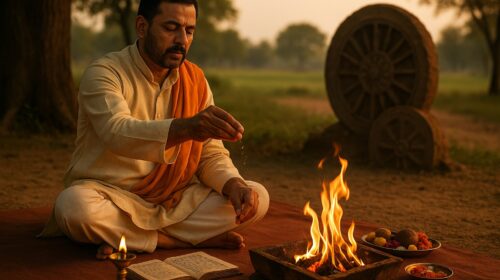 एक साधु शांत वातावरण में यज्ञ करते हुए एकांत साधना में लीन