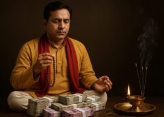 धन प्राप्ति के लिए वशीकरण मंत्र जपते हुए साधक, पास में रखे नोटों के बंडल और दीपक व अगरबत्ती के साथ।