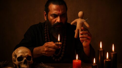 एक तांत्रिक वशीकरण साधना करते हुए, हाथ में वूडू गुड़िया और दीपक लिए – काले वस्त्र, खोपड़ी, और मोमबत्तियाँ साथ में