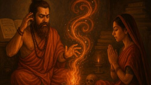 प्राचीन ऋषि द्वारा अग्नि के माध्यम से वशीकरण की वैदिक विधि करते समय साधिका को आशीर्वाद देते हुए – आध्यात्मिक ऊर्जा और चमत्कारी वशीकरण का चित्रण।