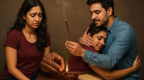 टूटे रिश्ते को जोड़ने के लिए वशीकरण पूजा करते हुए व्यक्ति, प्रेमिका को गले लगाता प्रेमी और भावुक महिला।