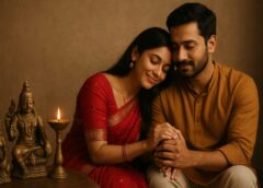 पति-पत्नी एक-दूसरे का हाथ थामे प्रेमपूर्वक बैठे हैं, पास में दीपक और देवी-देवताओं की मूर्तियाँ रखी हैं — प्रेम और आध्यात्मिक ऊर्जा का संतुलन दर्शाता दृश्य।