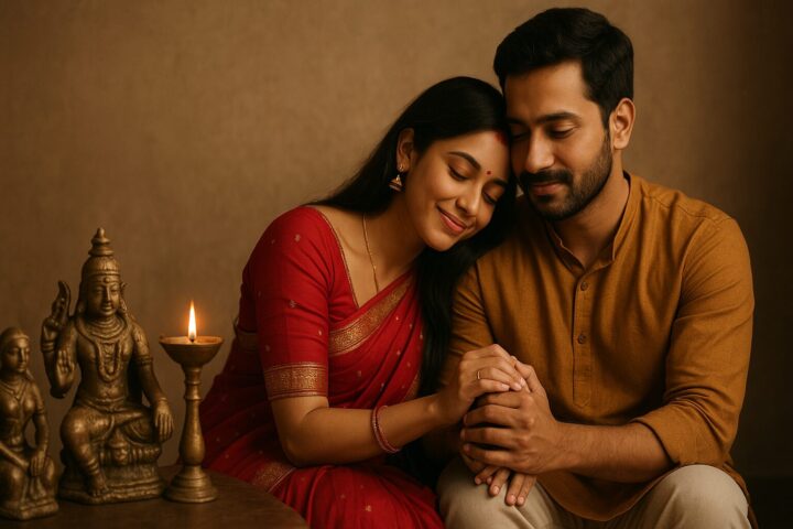 पति-पत्नी एक-दूसरे का हाथ थामे प्रेमपूर्वक बैठे हैं, पास में दीपक और देवी-देवताओं की मूर्तियाँ रखी हैं — प्रेम और आध्यात्मिक ऊर्जा का संतुलन दर्शाता दृश्य।