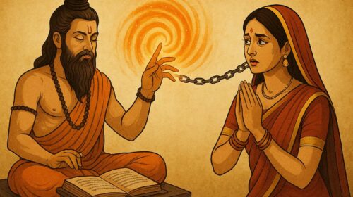 वेदों के ज्ञाता ऋषि द्वारा वशीकरण की शक्ति का प्रयोग करते हुए महिला को मंत्र शक्ति से प्रभावित करते हुए दर्शाया गया दृश्य।