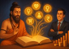 एक संत वशीकरण मंत्र का उच्चारण करते हुए, सामने बैठे बिजनेसमैन की ओर सकारात्मक ऊर्जा भेजते हुए, जो व्यापार में वृद्धि के संकेत दे रही है।