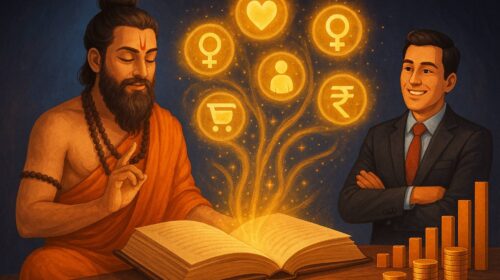 एक संत वशीकरण मंत्र का उच्चारण करते हुए, सामने बैठे बिजनेसमैन की ओर सकारात्मक ऊर्जा भेजते हुए, जो व्यापार में वृद्धि के संकेत दे रही है।