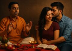 पंडित द्वारा वशीकरण मंत्रों का जाप करते समय प्रेमी जोड़े को मंत्रमुग्ध अवस्था में दर्शाते हुए एक आध्यात्मिक दृश्य।
