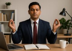 कार्यालय में सूट-बूट में युवक ध्यान मुद्रा में वैदिक मंत्र जाप करते हुए – नौकरी में तरक्की के लिए ध्यान