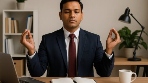 कार्यालय में सूट-बूट में युवक ध्यान मुद्रा में वैदिक मंत्र जाप करते हुए – नौकरी में तरक्की के लिए ध्यान