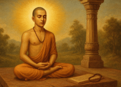 ध्यान में लीन ब्रह्मचारी वैदिक संत आत्मिक शक्ति का अनुभव करते हुए, पास में जप माला और शास्त्र