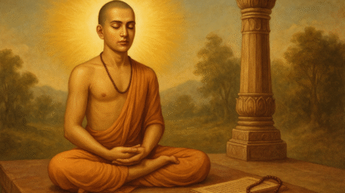 ध्यान में लीन ब्रह्मचारी वैदिक संत आत्मिक शक्ति का अनुभव करते हुए, पास में जप माला और शास्त्र