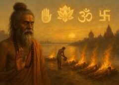 सन्यासी गंगा तट पर ध्यानस्थ, मृत देहों की अग्नि यात्रा और वैदिक प्रतीकों के साथ पापों से मुक्ति का दृश्य