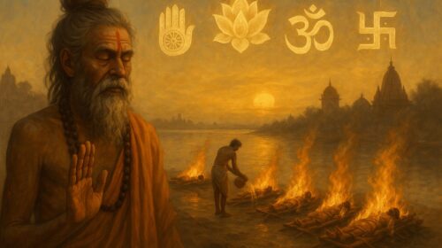 सन्यासी गंगा तट पर ध्यानस्थ, मृत देहों की अग्नि यात्रा और वैदिक प्रतीकों के साथ पापों से मुक्ति का दृश्य