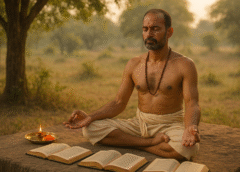 वन में ध्यान मुद्रा में बैठे एक साधक, सामने दीपक और ग्रंथों के साथ – आत्मबल व वैदिक रहस्यों पर साधना करते हुए।