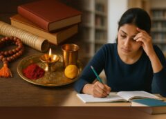 पुस्तक, दीपक, रुद्राक्ष और वैदिक सामग्री के साथ एक छात्रा एकाग्रता से पढ़ाई करती हुई।