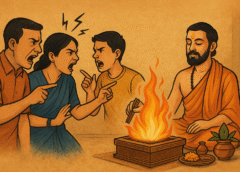परिवार में कलह और तनाव को दूर करने के लिए वैदिक हवन करता हुआ पुजारी, जबकि परिवार के सदस्य आपस में झगड़ते हैं।