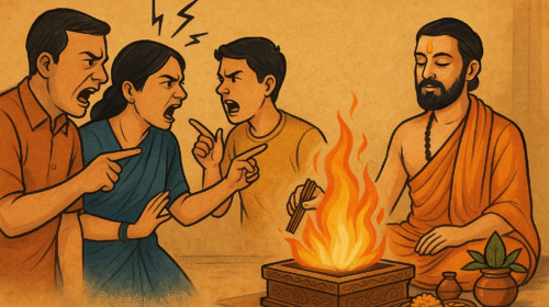 परिवार में कलह और तनाव को दूर करने के लिए वैदिक हवन करता हुआ पुजारी, जबकि परिवार के सदस्य आपस में झगड़ते हैं।