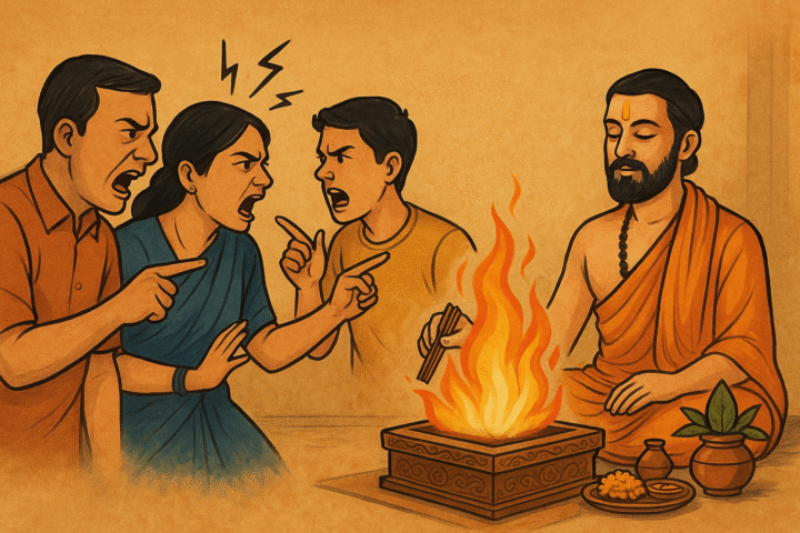 परिवार में कलह और तनाव को दूर करने के लिए वैदिक हवन करता हुआ पुजारी, जबकि परिवार के सदस्य आपस में झगड़ते हैं।
