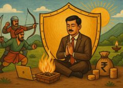 वैदिक हवन करते हुए व्यापारी, सुरक्षा कवच में सुरक्षित — शत्रुओं और व्यापारिक संकट से रक्षा के लिए