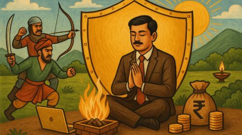वैदिक हवन करते हुए व्यापारी, सुरक्षा कवच में सुरक्षित — शत्रुओं और व्यापारिक संकट से रक्षा के लिए