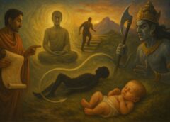पुनर्जन्म, मृत्यु और कर्म के प्रभाव को दर्शाता हुआ एक प्रतीकात्मक चित्र जिसमें एक साधु, मृत्यु देवता, बुद्ध और नवजात शिशु के माध्यम से अगले जन्म के रहस्य को उजागर किया गया है।