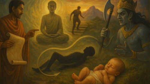पुनर्जन्म, मृत्यु और कर्म के प्रभाव को दर्शाता हुआ एक प्रतीकात्मक चित्र जिसमें एक साधु, मृत्यु देवता, बुद्ध और नवजात शिशु के माध्यम से अगले जन्म के रहस्य को उजागर किया गया है।