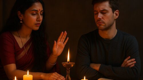 एक महिला वशीकरण साधना करते हुए, सामने बैठा व्यक्ति आँखें बंद किए हुए।