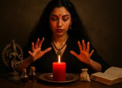 ध्यान मुद्रा में बैठी महिला, लाल दीपक, आयुर्वेदिक तेल, देवी प्रतिमा और धार्मिक ग्रंथ के साथ वशीकरण साधना करती हुई।