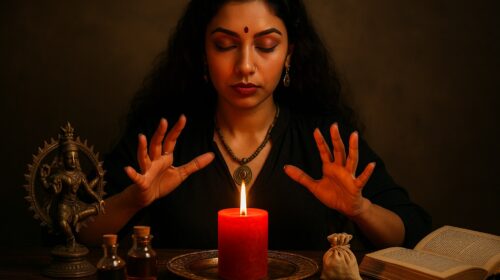 ध्यान मुद्रा में बैठी महिला, लाल दीपक, आयुर्वेदिक तेल, देवी प्रतिमा और धार्मिक ग्रंथ के साथ वशीकरण साधना करती हुई।