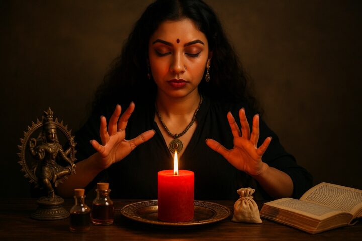 ध्यान मुद्रा में बैठी महिला, लाल दीपक, आयुर्वेदिक तेल, देवी प्रतिमा और धार्मिक ग्रंथ के साथ वशीकरण साधना करती हुई।