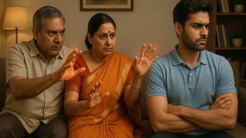 "संतान की अनदेखी से परेशान माता-पिता – समाधान हेतु वशीकरण उपाय का संकेत देती पारिवारिक छवि"