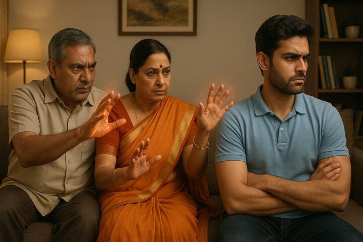 "संतान की अनदेखी से परेशान माता-पिता – समाधान हेतु वशीकरण उपाय का संकेत देती पारिवारिक छवि"