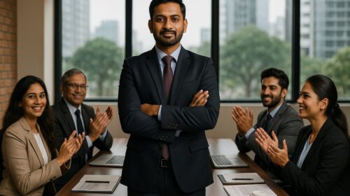 सम्मानित ऑफिस कर्मचारी को सहयोगियों से सराहना मिलती हुई – प्रभावशाली वशीकरण उपाय का परिणाम